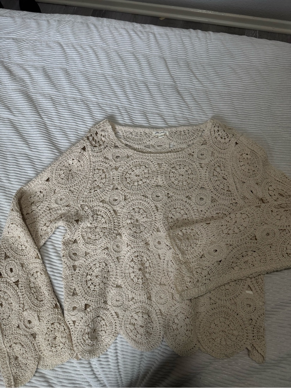 Ultra Pink Crochet Scoop-Neck Sweater in Cream